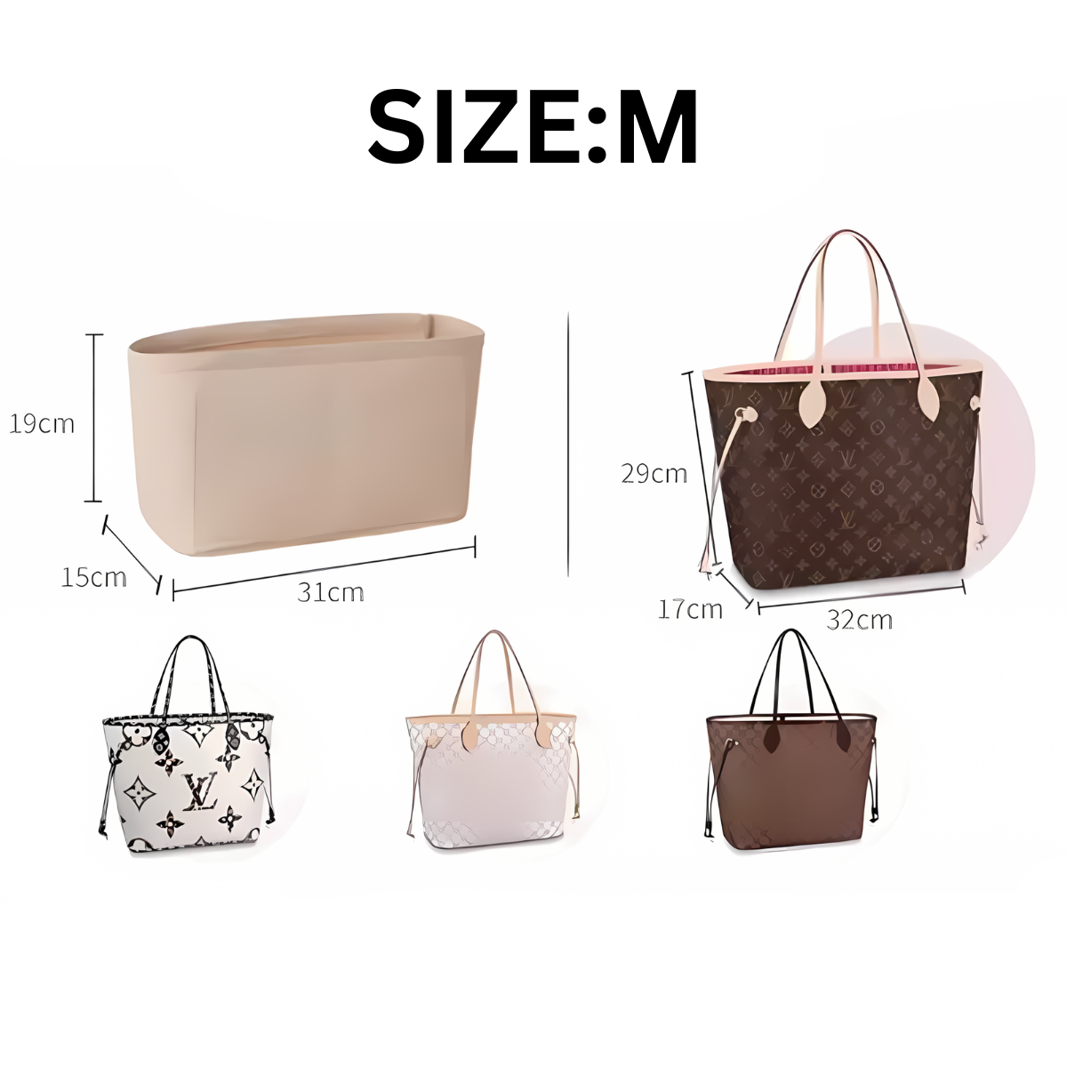 BAGINBAG Handmade Bag Organizer Bag Inner Compatible with LV Neverfull Bag Various Sizes Available