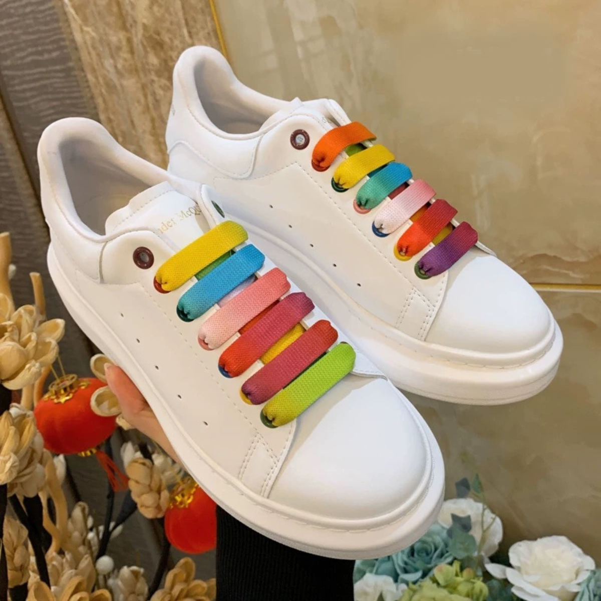 ShoeSpa Rainbow Shoelaces Shoe string 1.2cm Compatible with Alexander McQueen Shoes 2 Pairs