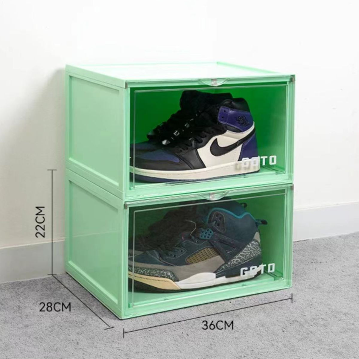 GOTO Shoe Box Storage Box Display Box Side Opening Shoe Display 2 Pack GREEN